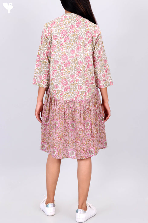 Cotton Frock In Floral Block Print