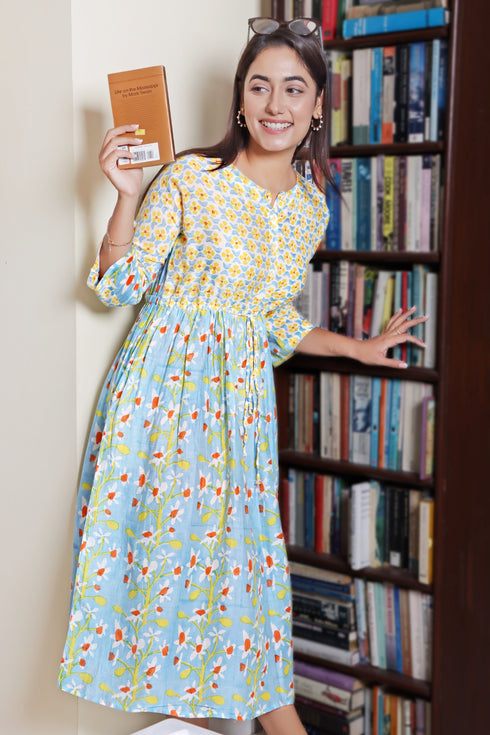 Cotton Silk Midi Frock In Graphic Block Print