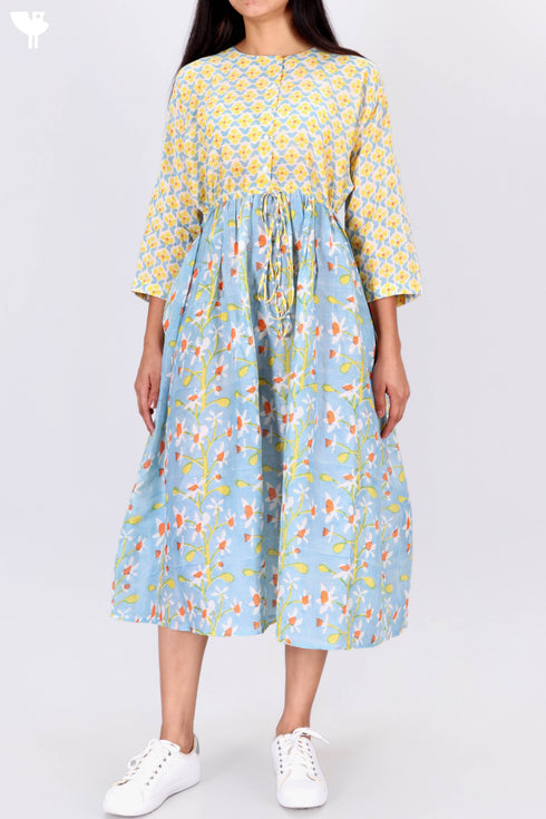 Cotton Silk Midi Frock In Graphic Block Print