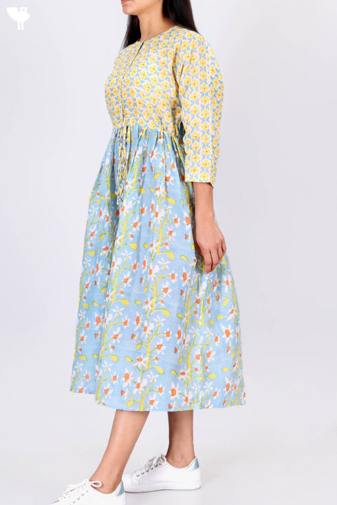 Cotton Silk Midi Frock In Graphic Block Print