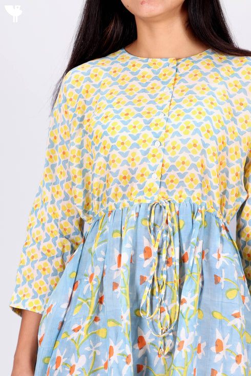 Cotton Silk Midi Frock In Graphic Block Print