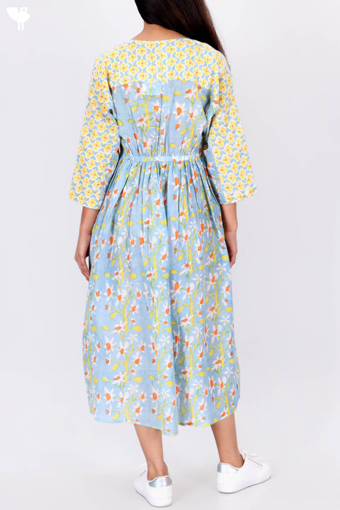Cotton Silk Midi Frock In Graphic Block Print