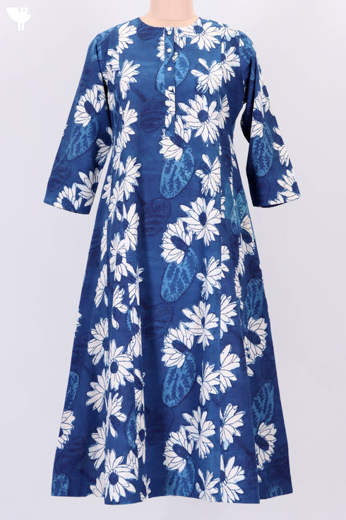 Cambric Cotton Midi Dress In Indigo Block Print