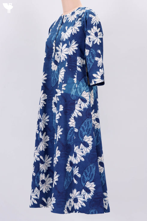Cambric Cotton Midi Dress In Indigo Block Print