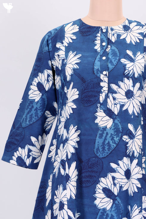 Cambric Cotton Midi Dress In Indigo Block Print