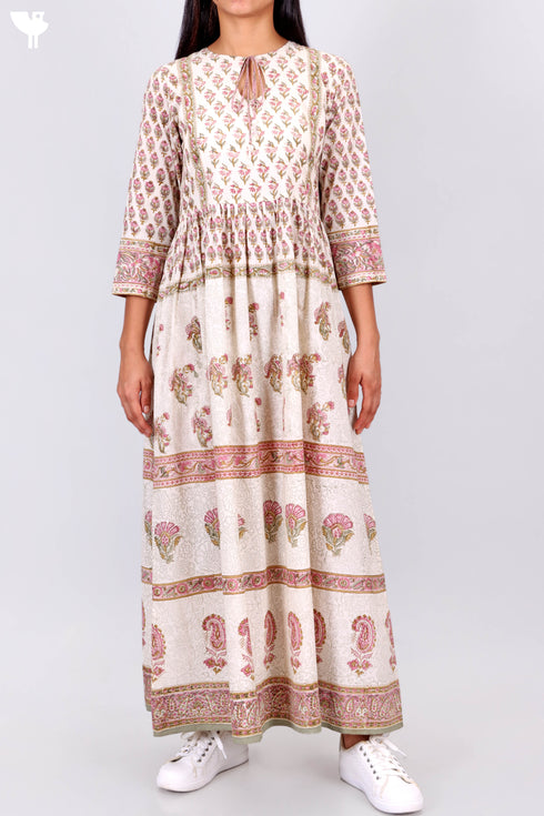 Cotton Silk Maxi Dress With Floral Block Print