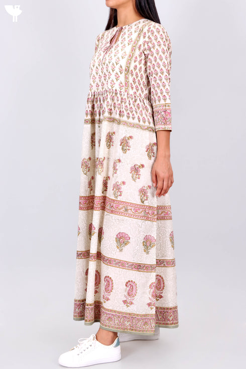 Cotton Silk Maxi Dress With Floral Block Print