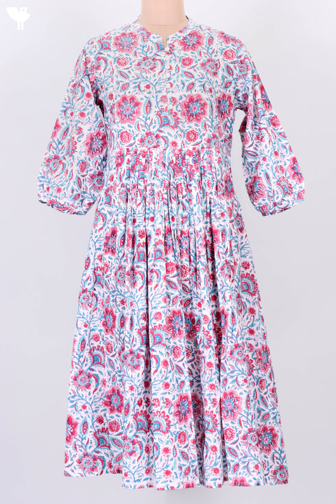 Cotton Slub Knee Length Dress In Floral Block Print