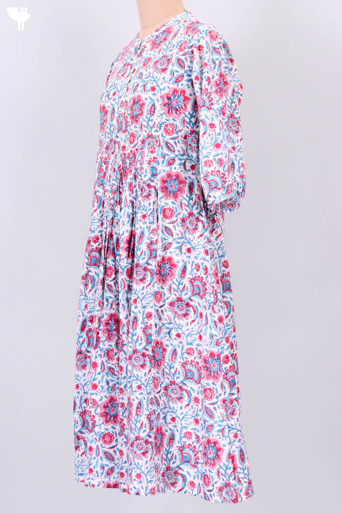 Cotton Slub Knee Length Dress In Floral Block Print