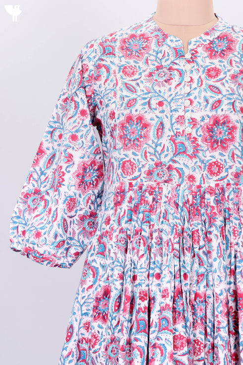 Cotton Slub Knee Length Dress In Floral Block Print