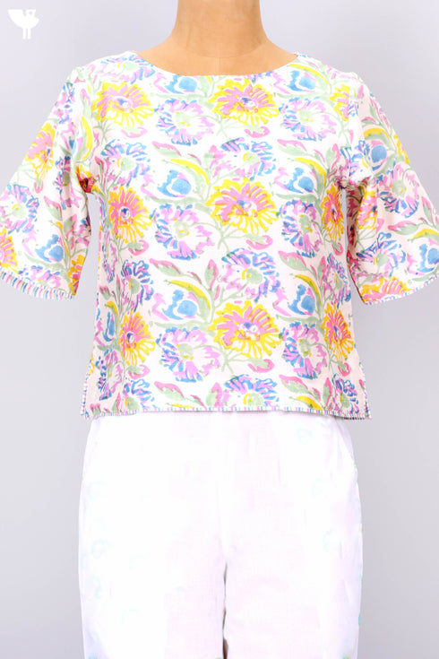 Chanderi Silk Crop Top In Floral Block Print