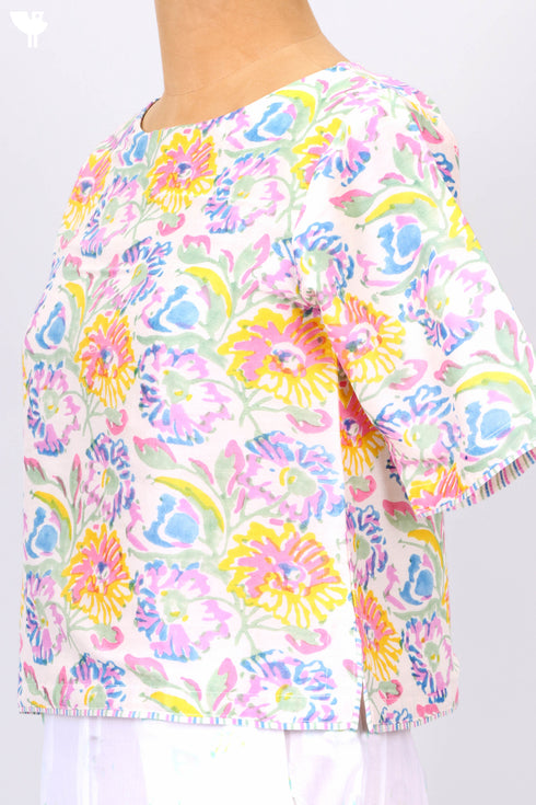 Chanderi Silk Crop Top In Floral Block Print