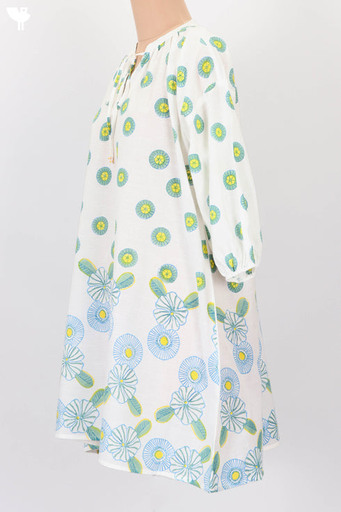 Cotton Slub Short Dress In Floral Block Print