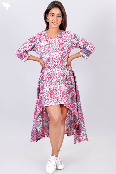 Crepe Cotton High-Low Dress With Paisley Block Print