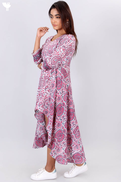 Crepe Cotton High-Low Dress With Paisley Block Print
