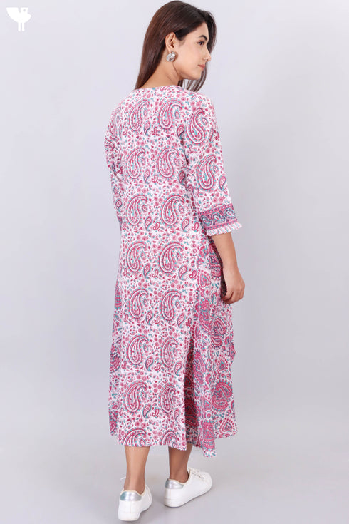 Crepe Cotton High-Low Dress With Paisley Block Print