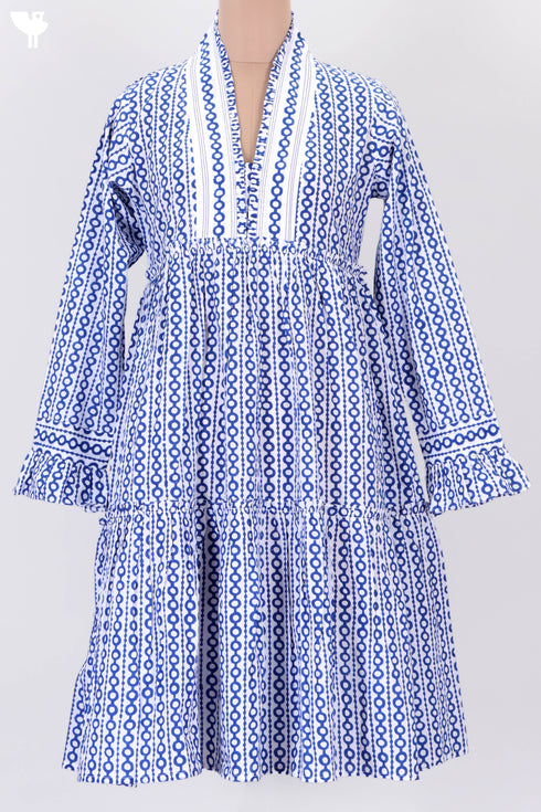 Cambric Cotton Midi Dress In Geometric Block Print
