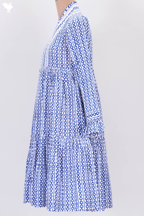 Cambric Cotton Midi Dress In Geometric Block Print