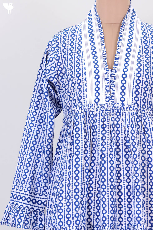 Cambric Cotton Midi Dress In Geometric Block Print