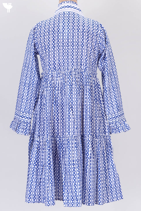 Cambric Cotton Midi Dress In Geometric Block Print