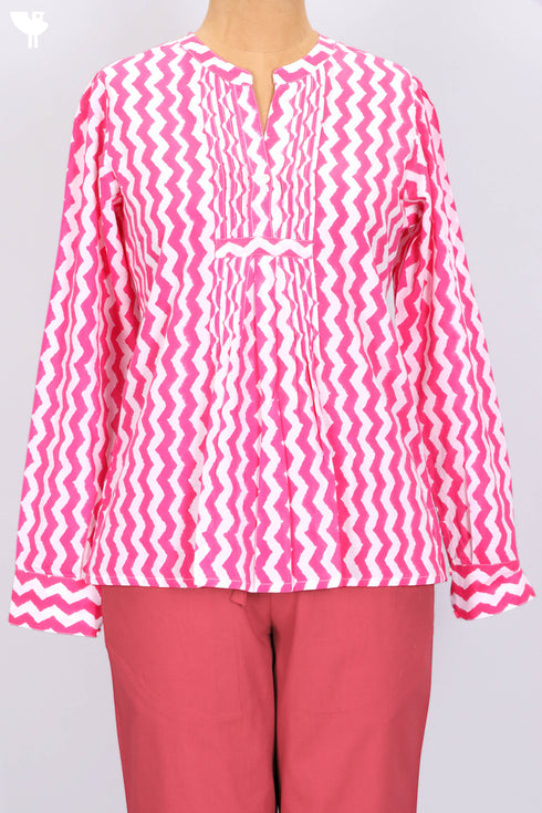 Cambric Cotton Top In Zigzag Block Print