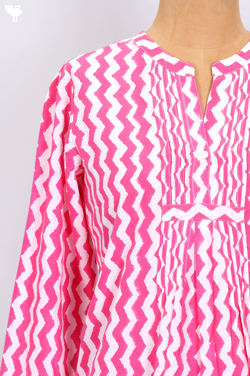 Cambric Cotton Top In Zigzag Block Print