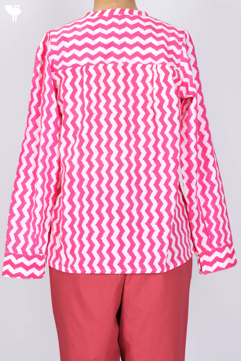 Cambric Cotton Top In Zigzag Block Print