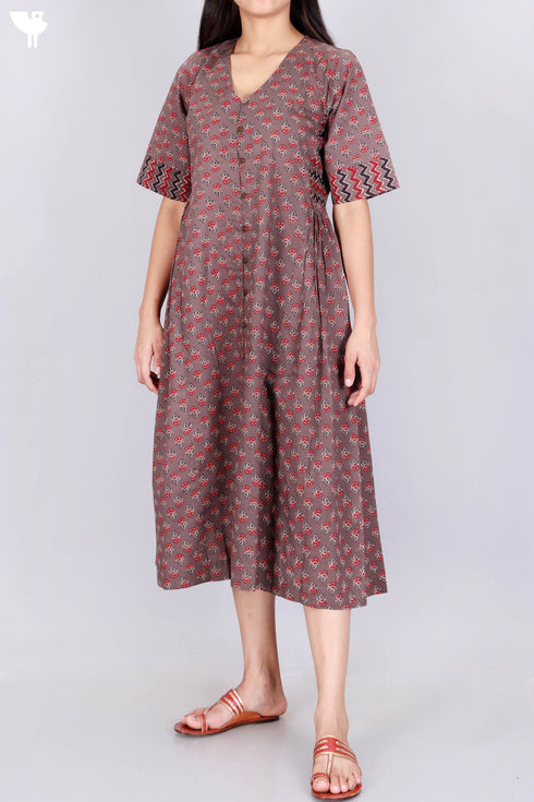 Cambric Cotton Midi Button Down Frock With Floral Print