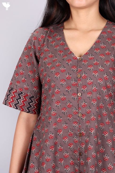 Cambric Cotton Midi Button Down Frock With Floral Print