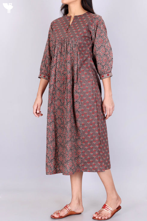 Cambric Cotton Paneled Midi Dress With Floral Print