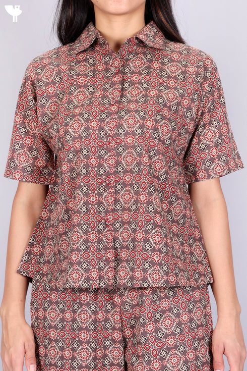 Cambric Cotton Crop Top In Geometric Print