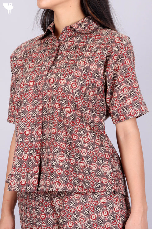 Cambric Cotton Crop Top In Geometric Print
