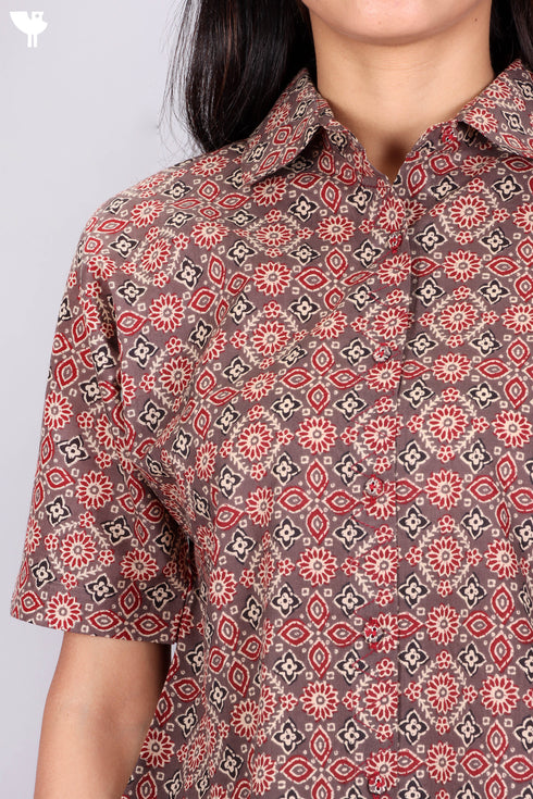 Cambric Cotton Crop Top In Geometric Print