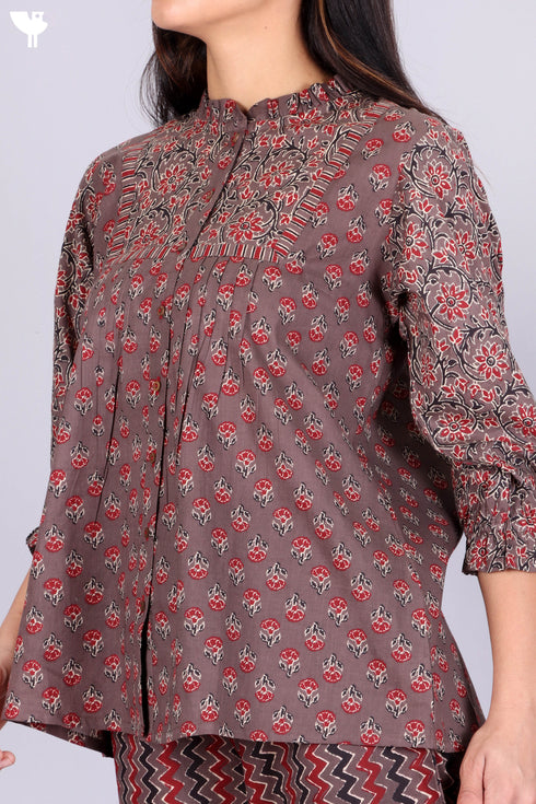 Cambric Cotton Pintucked Top With Floral Print