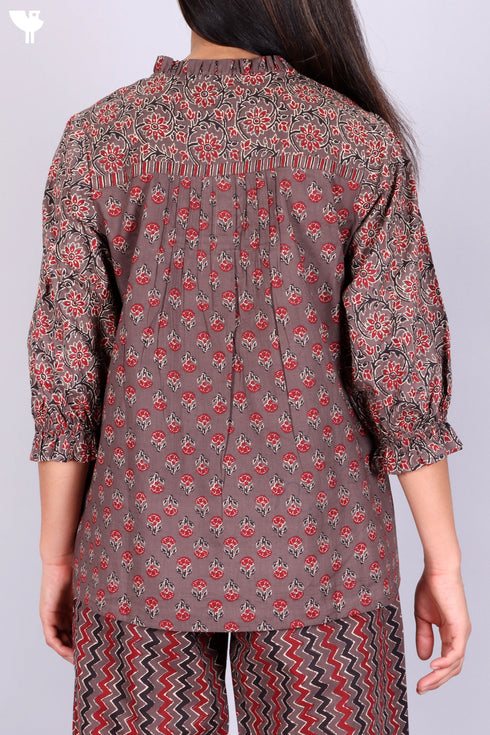 Cambric Cotton Pintucked Top With Floral Print