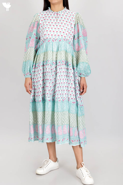 Mulmul Cotton Tiered Dress In Assorted Block Print