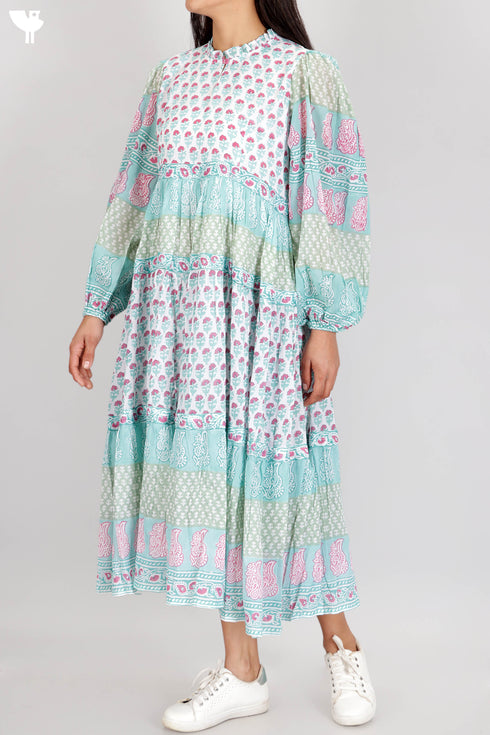 Mulmul Cotton Tiered Dress In Assorted Block Print