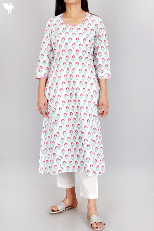 Cambric Cotton Kurta In Floral Block Print