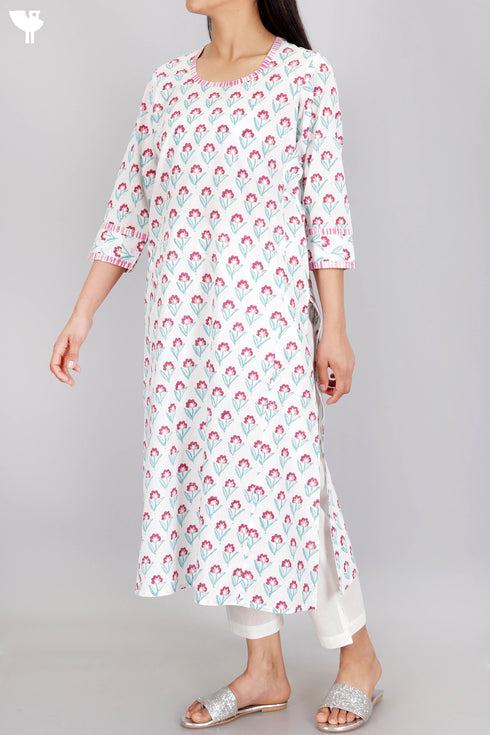 Cambric Cotton Kurta In Floral Block Print
