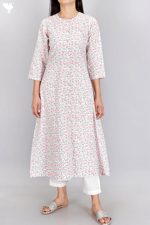 Cambric Cotton Button Down Kurta In Floral Print