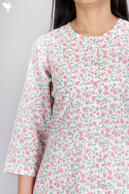 Cambric Cotton Button Down Kurta In Floral Print