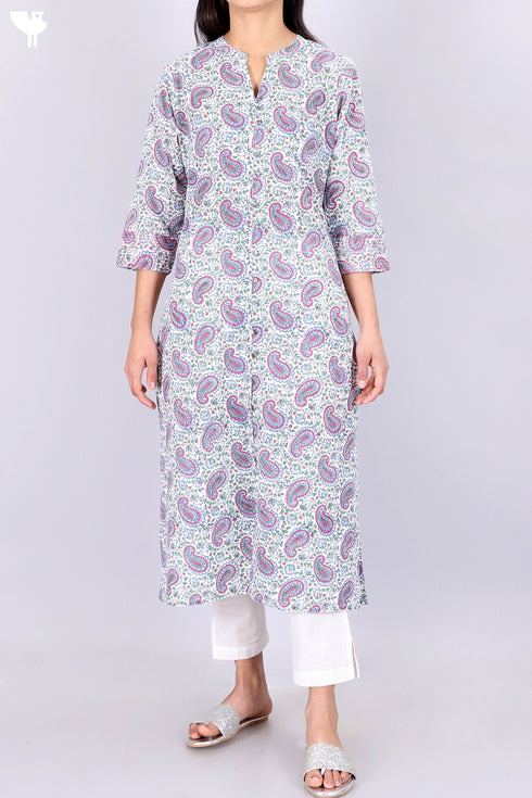 Cambric Cotton Kurta In Paisley Block Print