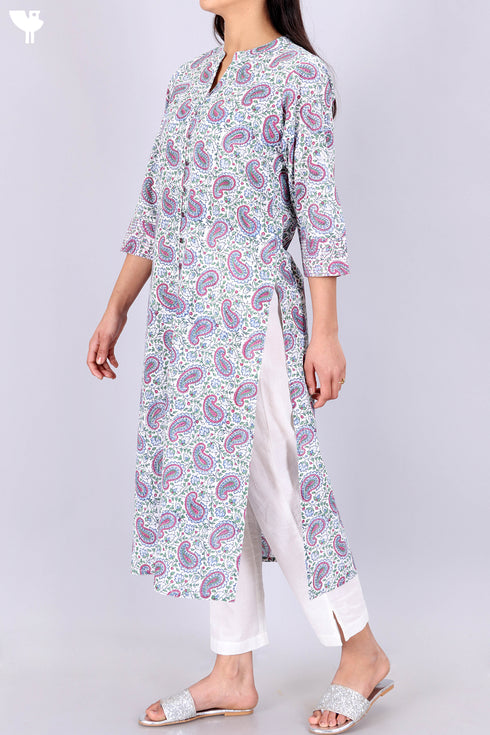 Cambric Cotton Kurta In Paisley Block Print