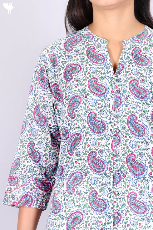 Cambric Cotton Kurta In Paisley Block Print