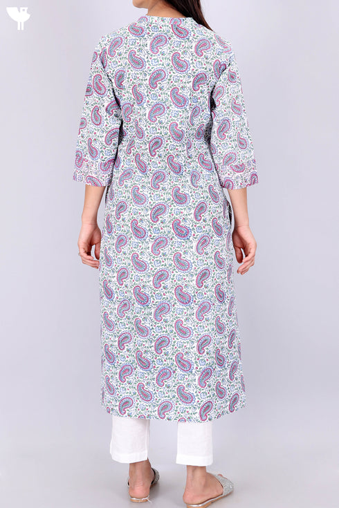 Cambric Cotton Kurta In Paisley Block Print