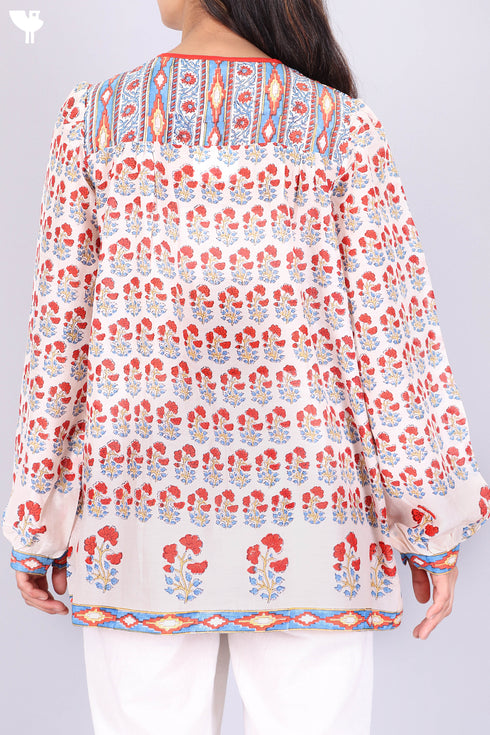 Cotton Silk Pleated Vintage Top In Floral Block Print