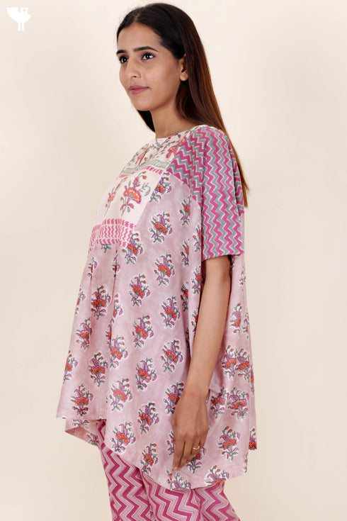 Cotton Silk Vintage Top In Floral Block Print