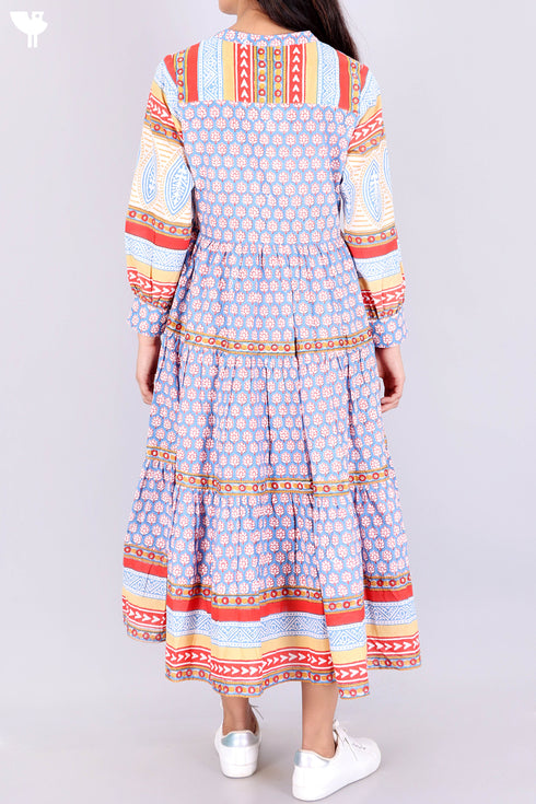 Cambric Cotton Tiered Dress In Assorted Block Print