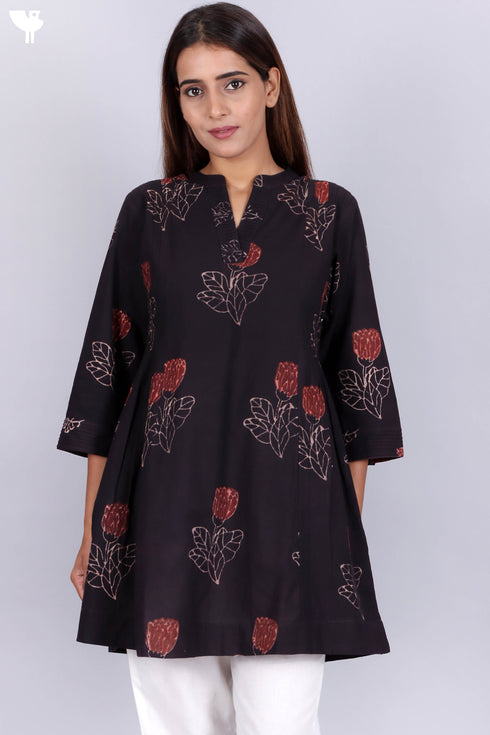 Cambric Cotton Pleated Shirt In Floral Block Print