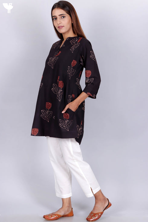 Cambric Cotton Pleated Shirt In Floral Block Print